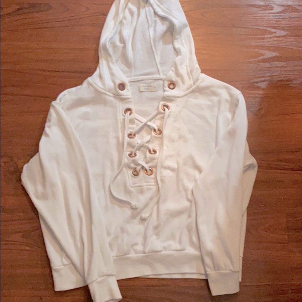 White v neck lace up hooded sweatshirt